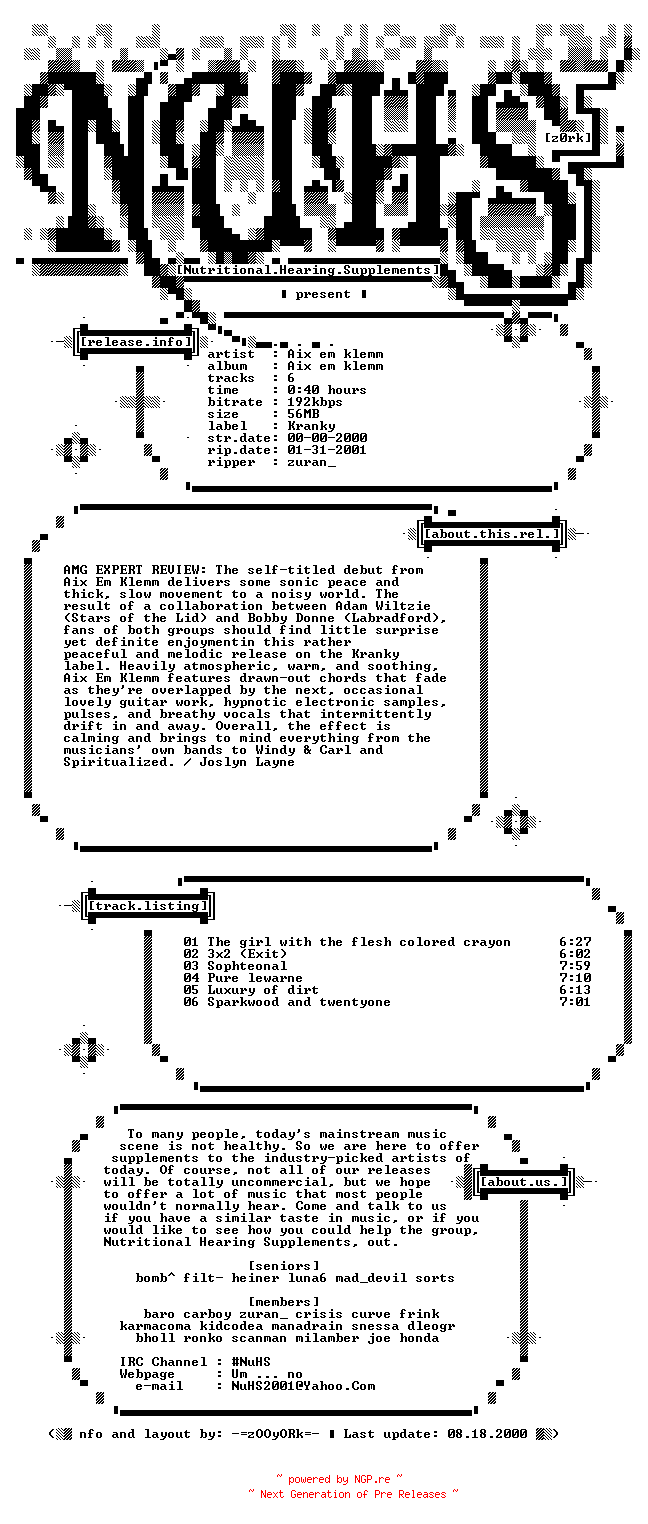NFO for the release Aix_Em_Klemm-Aix_Em_Klemm-2000-NuHS by NuHS