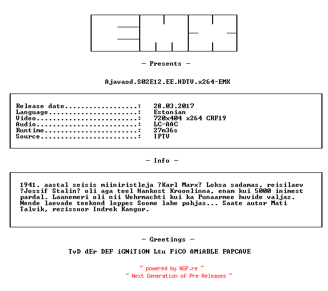 NFO for the release Ajavaod.S02E12.EE.HDTV.x264-EMX by EMX