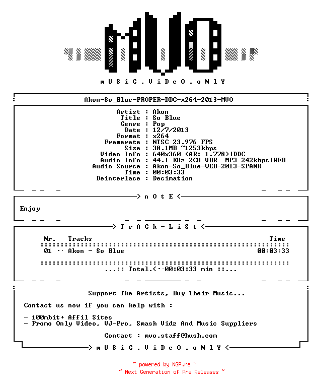 NFO for the release Akon-So_Blue-PROPER-DDC-x264-2013-MVO by MVO