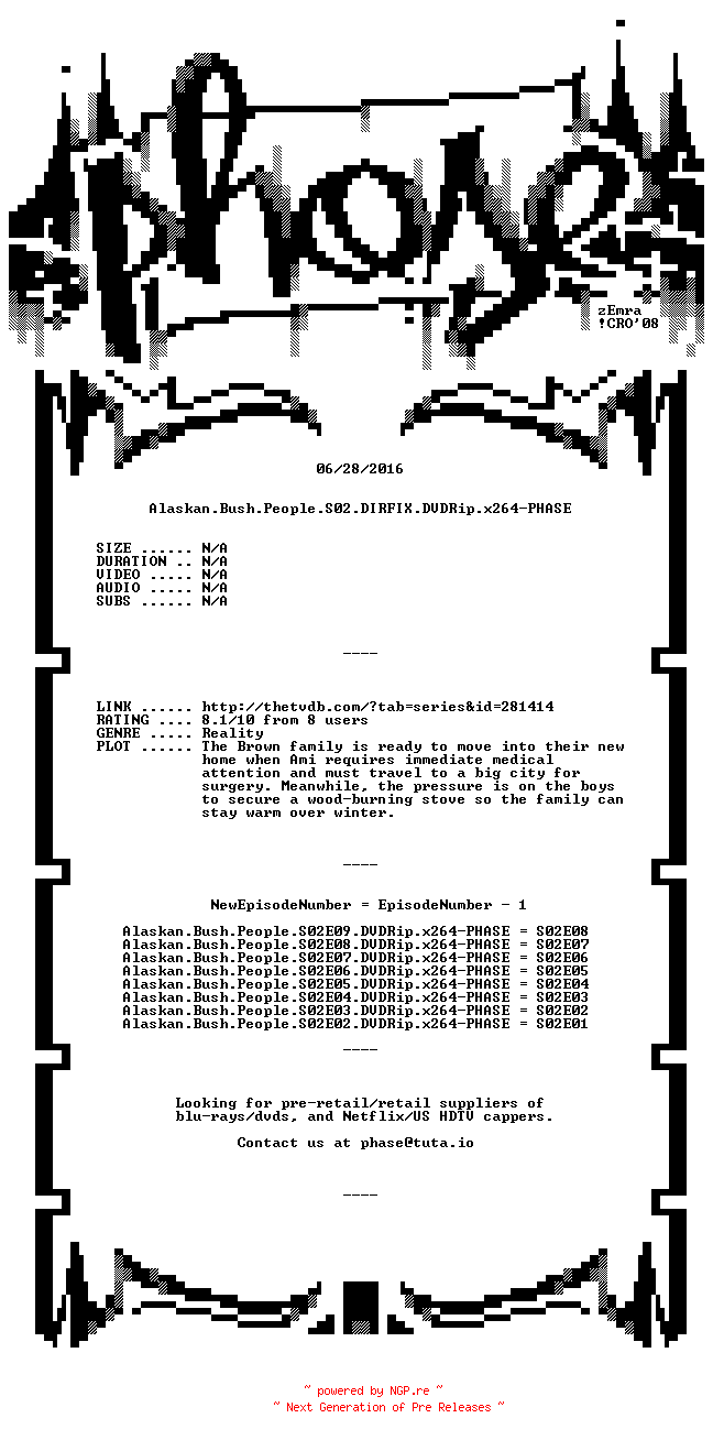 NFO for the release Alaskan.Bush.People.S02.DIRFIX.DVDRip.x264-PHASE by PHASE
