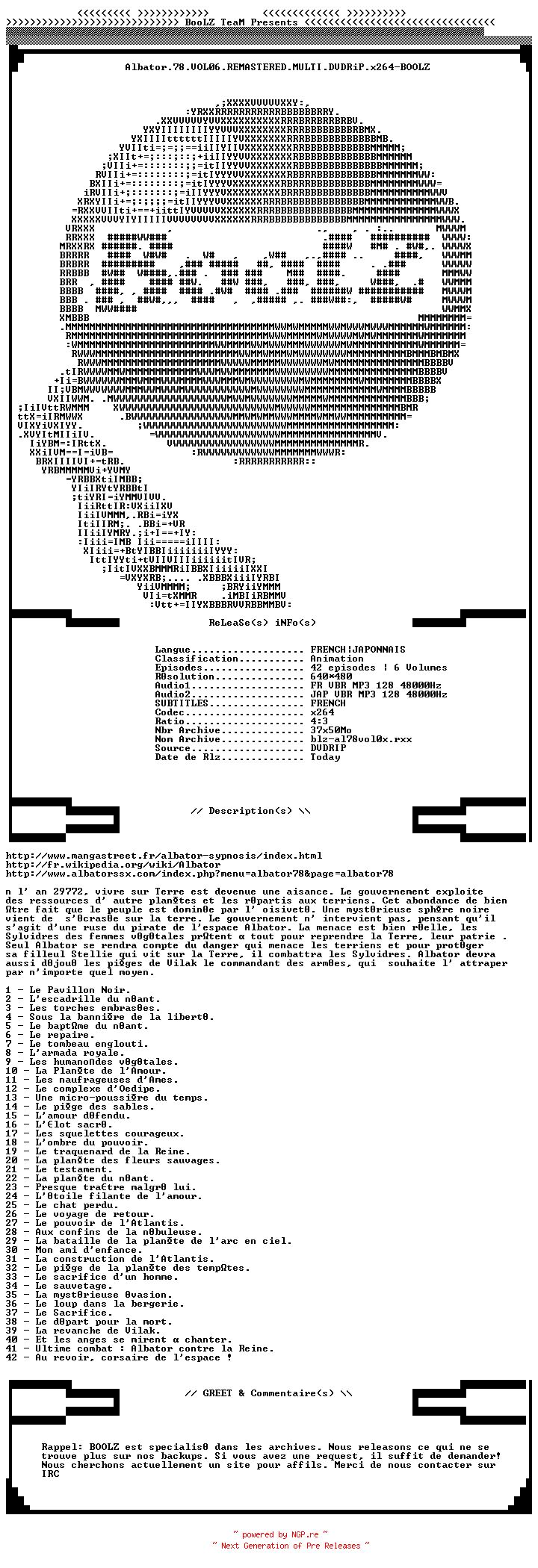 NFO for the release Albator.78.VOL06.FINAL.REMASTERED.MULTI.DVDRiP.x264-BOOLZ by BOOLZ