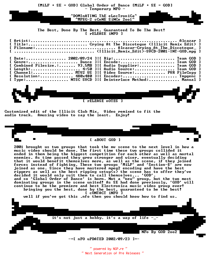 NFO for the release Alcazar-Crying_At_The_Discoteque_(Illicit_Remix_Edit)-SVCD-2001-INT-GOD by GOD