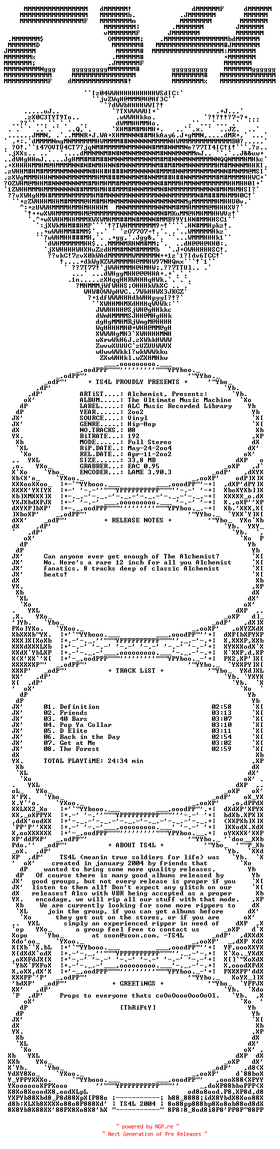 NFO for the release Alchemist-Presents_the_Ultimate_Music_Machine-(Vinyl)-2002-TS4L_INT by TS4L_INT