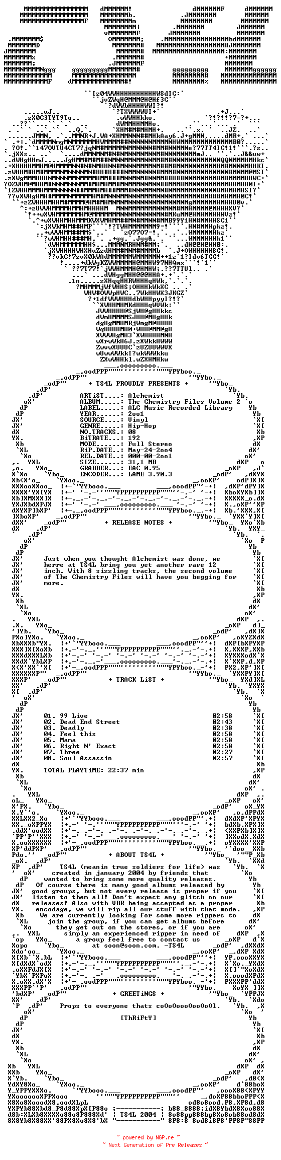 NFO for the release Alchemist-The_Chemistry_Files_Volume_2-(Vinyl)-2001-TS4L_INT by TS4L_INT