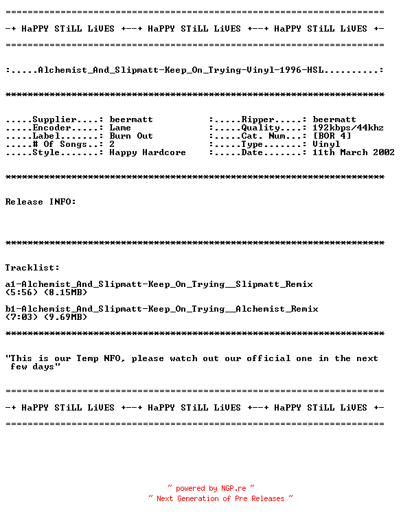 NFO for the release Alchemist_And_Slipmatt-Keep_On_Trying-Vinyl-1996-HSL by HSL
