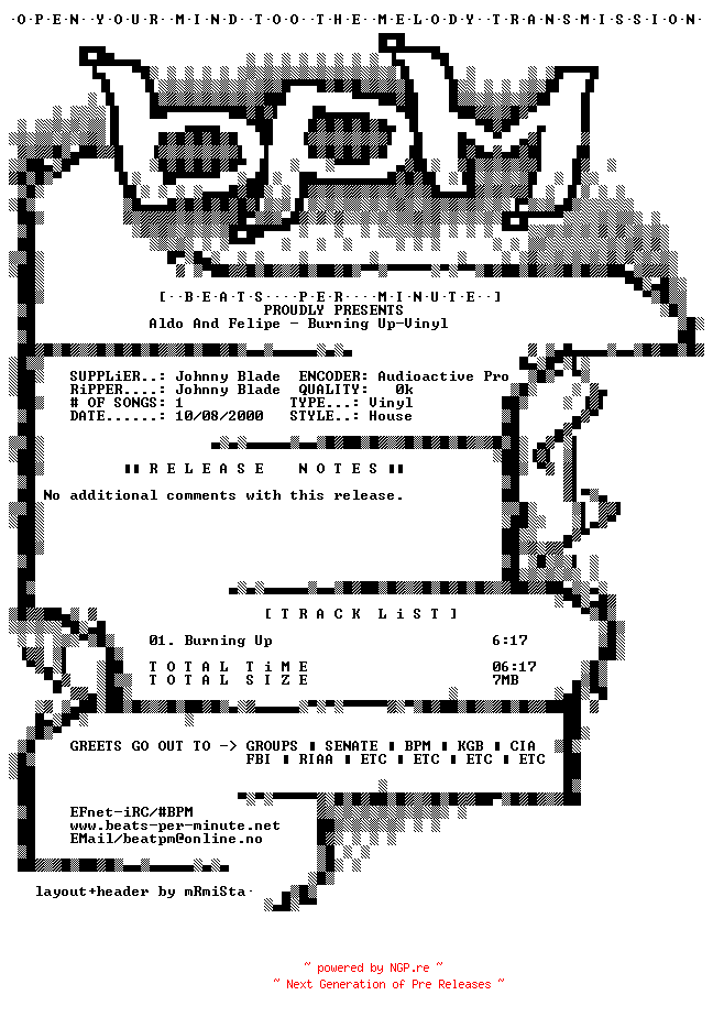 NFO for the release Aldo_And_Felipe-Burning_Up-Vinyl-2000-BPM by BPM