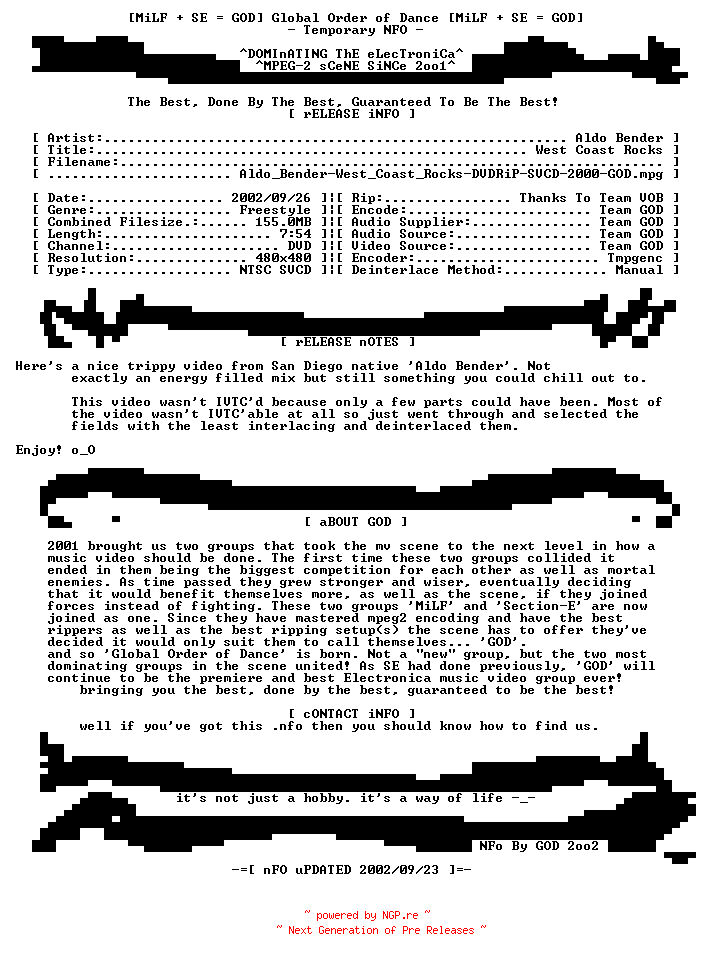 NFO for the release Aldo_Bender-West_Coast_Rocks-DVDRiP-SVCD-2000-GOD by GOD