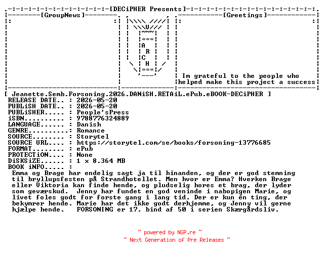 NFO for the release Jeanette.Semb.Forsoning.2026.DANiSH.RETAiL.ePub.eBOOK-DECiPHER by DECiPHER