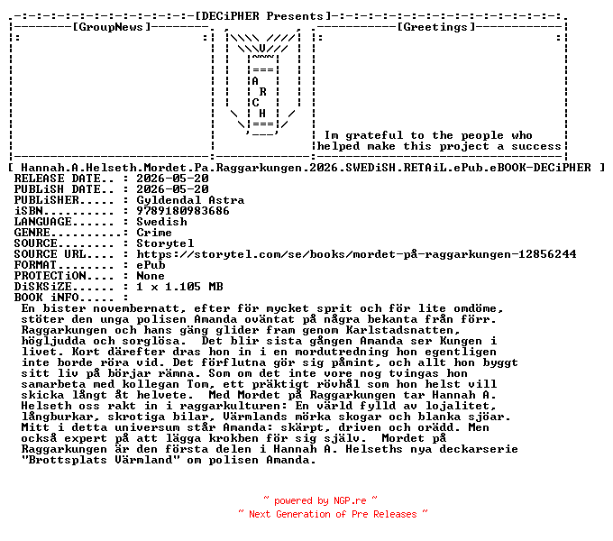 NFO for the release Hannah.A.Helseth.Mordet.Pa.Raggarkungen.2026.SWEDiSH.RETAiL.ePub.eBOOK-DECiPHER by DECiPHER