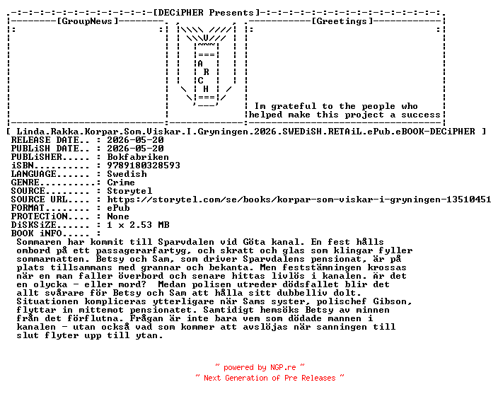 NFO for the release Linda.Rakka.Korpar.Som.Viskar.I.Gryningen.2026.SWEDiSH.RETAiL.ePub.eBOOK-DECiPHER by DECiPHER