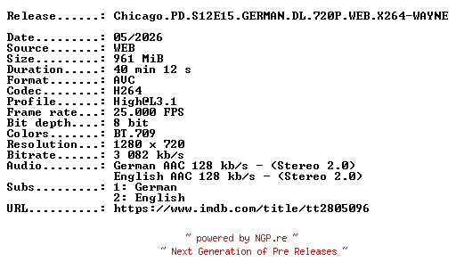 NFO for the release Chicago.PD.S12E15.GERMAN.DL.720P.WEB.X264-WAYNE by WAYNE