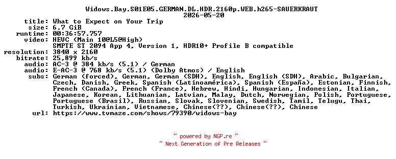NFO for the release Widows.Bay.S01E05.GERMAN.DL.HDR.2160p.WEB.h265-SAUERKRAUT by SAUERKRAUT