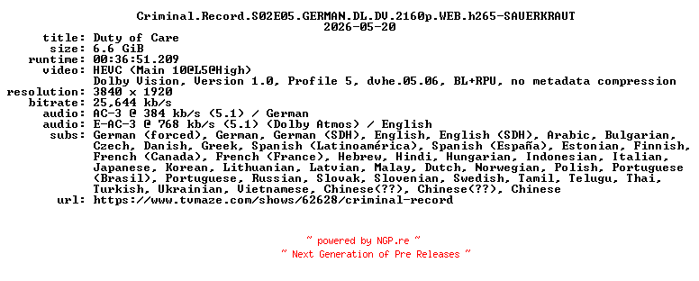 NFO for the release Criminal.Record.S02E05.GERMAN.DL.DV.2160p.WEB.h265-SAUERKRAUT by SAUERKRAUT