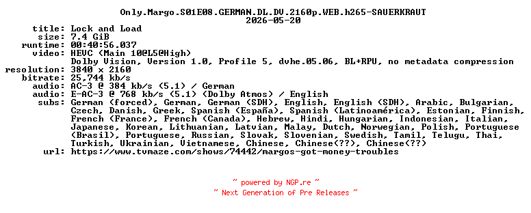 NFO for the release Only.Margo.S01E08.GERMAN.DL.DV.2160p.WEB.h265-SAUERKRAUT by SAUERKRAUT