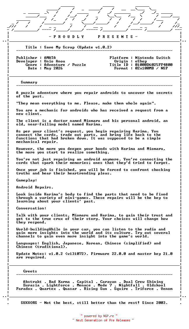 NFO for the release Save_My_Scrap_Update_v1.0.2_NSW-SUXXORS by SUXXORS