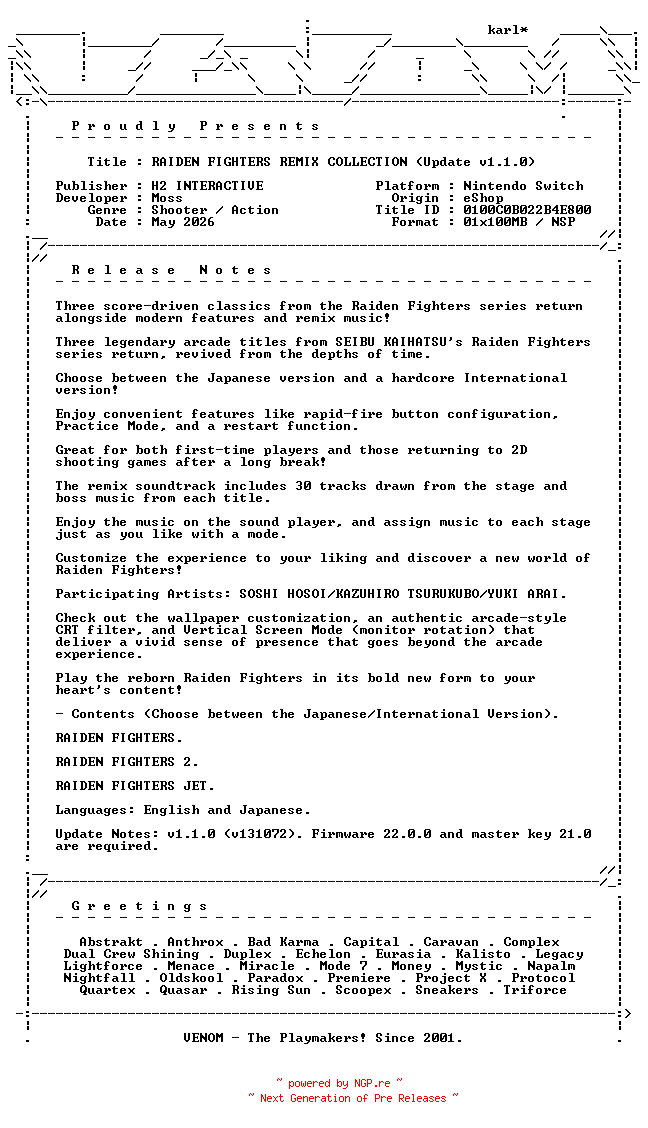 NFO for the release RAIDEN_FIGHTERS_REMIX_COLLECTION_Update_v1.1.0_NSW-VENOM by VENOM