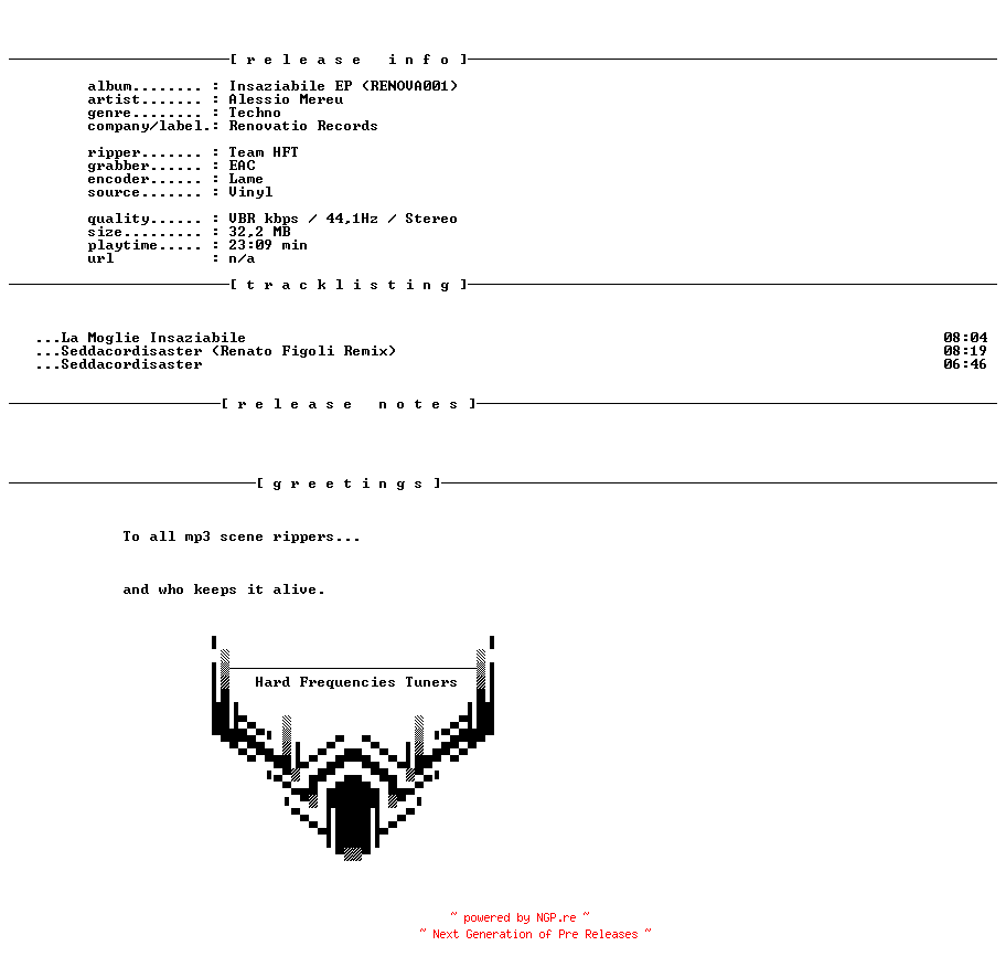 NFO for the release Alessio_Mereu_-_Insaziabile_EP_(RENOVA001)-Vinyl-2007-HFT by HFT
