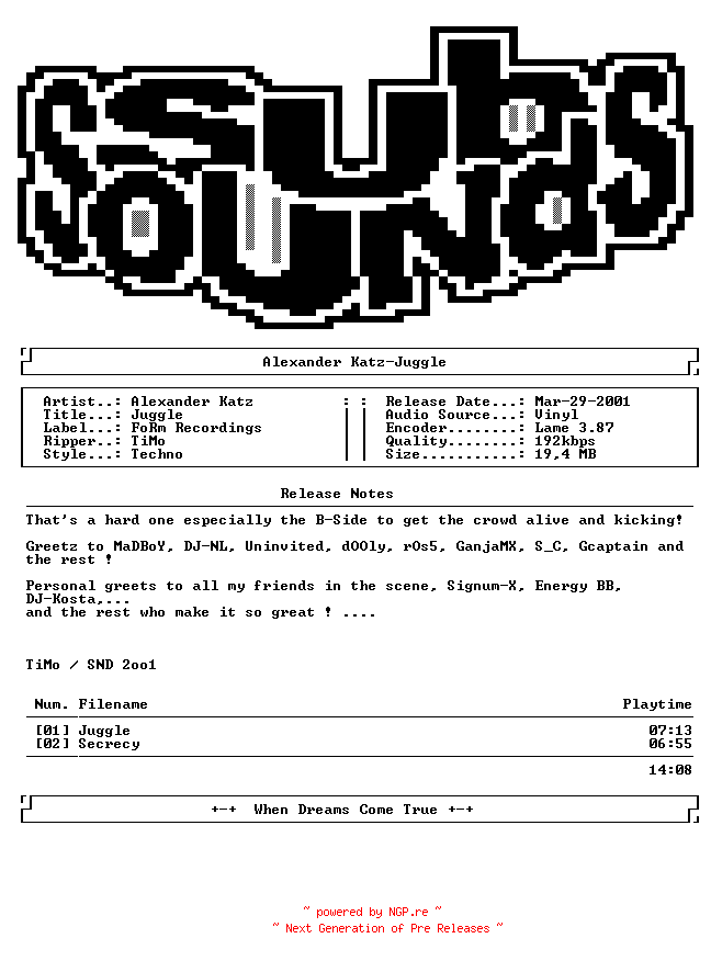 NFO for the release Alexander_Katz-Juggle-Vinyl-2000-SND by SND