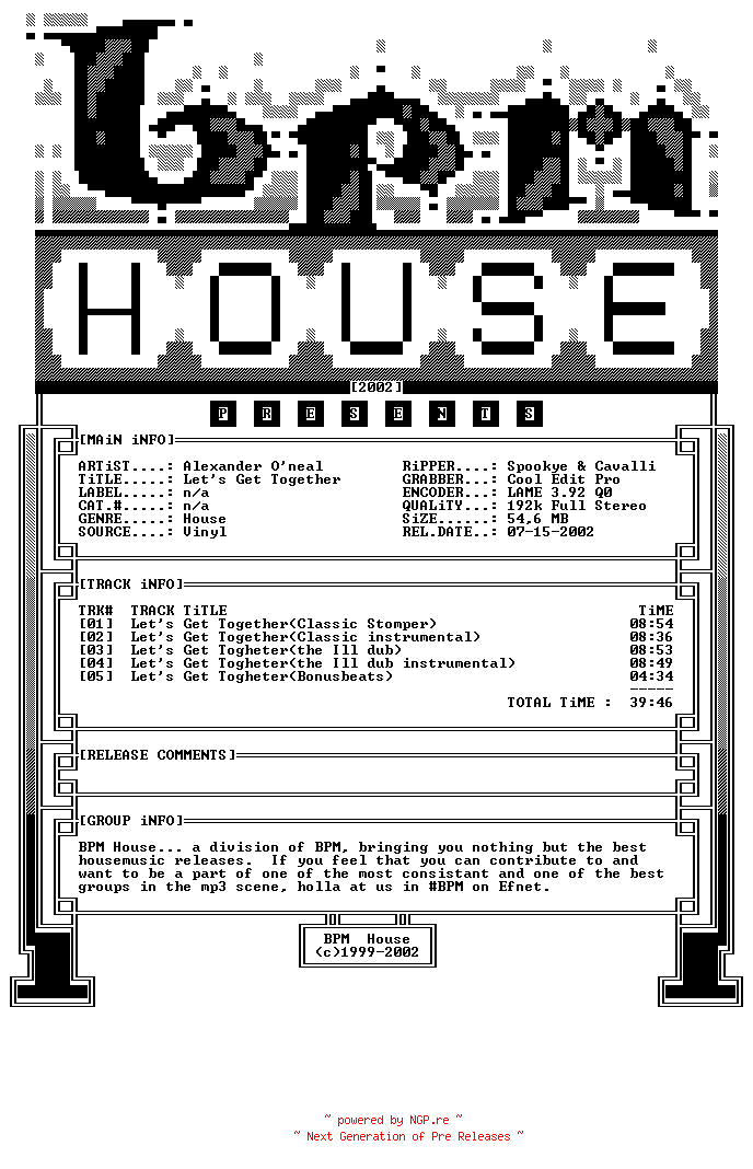 NFO for the release Alexander_Oneal-Lets_Get_Together-VINYL-1997-BPM_HOUSE by BPM_HOUSE