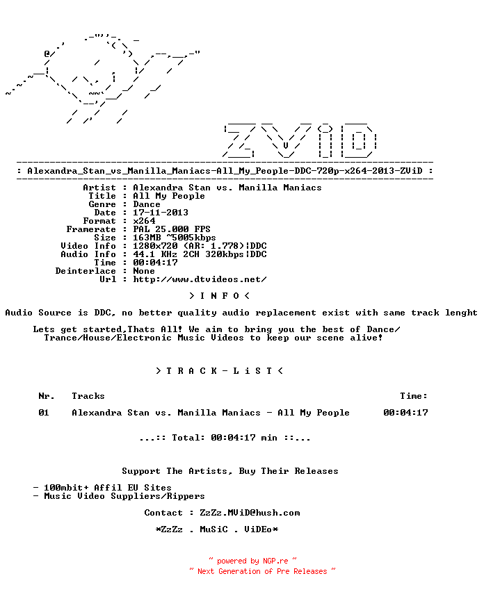NFO for the release Alexandra_Stan_vs_Manilla_Maniacs-All_My_People-DDC-720p-x264-2013-ZViD by ZViD