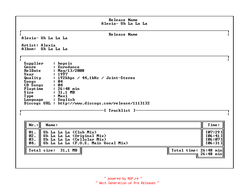 NFO for the release Alexia-Uh_La_La_La-Vinyl-1997-hopsis by hopsis