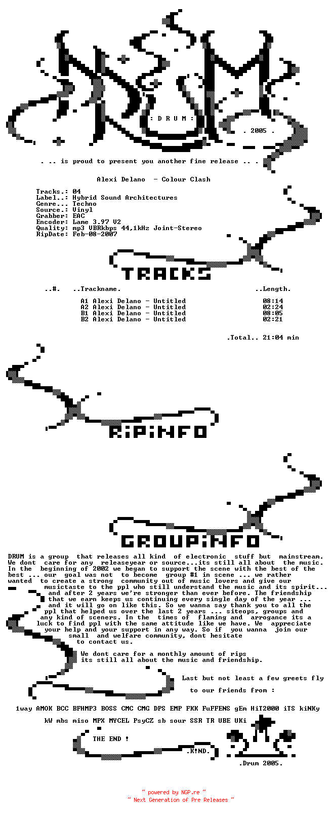NFO for the release Alexi_Delano_-_Colour_Clash-(HYB010-Vinyl)-1995-DRUM by DRUM
