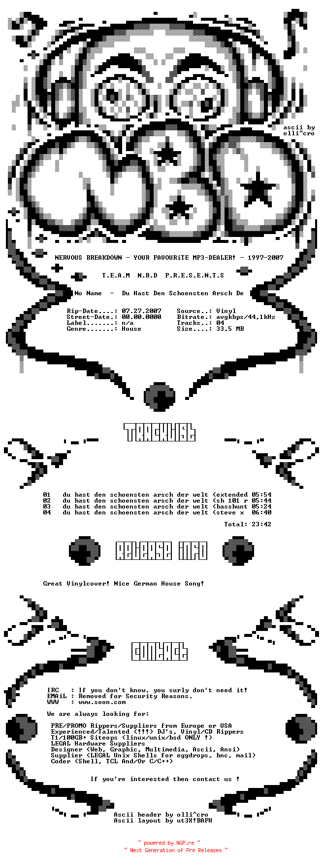 NFO for the release Alex_C-Du_Hast_Den_Schoensten_Arsch_Der_Welt-Promo_Vinyl-DE-2007-NBD by NBD
