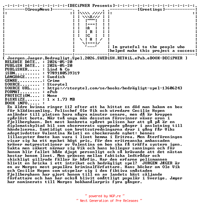 NFO for the release Joergen.Jaeger.Bedragligt.Spel.2026.SWEDiSH.RETAiL.ePub.eBOOK-DECiPHER by DECiPHER