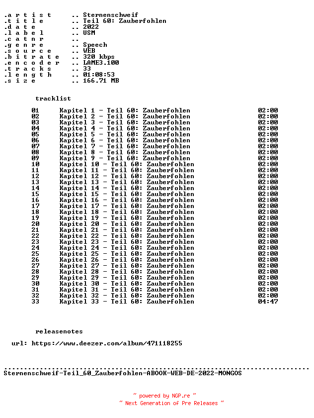 NFO for the release Sternenschweif-Teil_60_Zauberfohlen-ABOOK-WEB-DE-2022-MONGOS by MONGOS