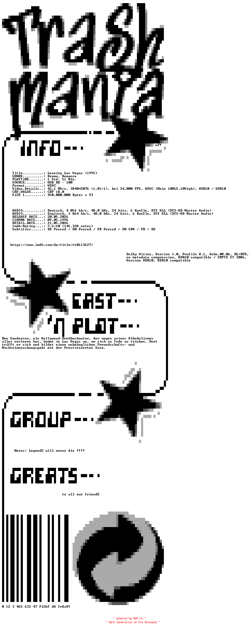 NFO for the release Leaving.Las.Vegas.1995.German.DL.2160p.UHD.BluRay.x265-TM by TM