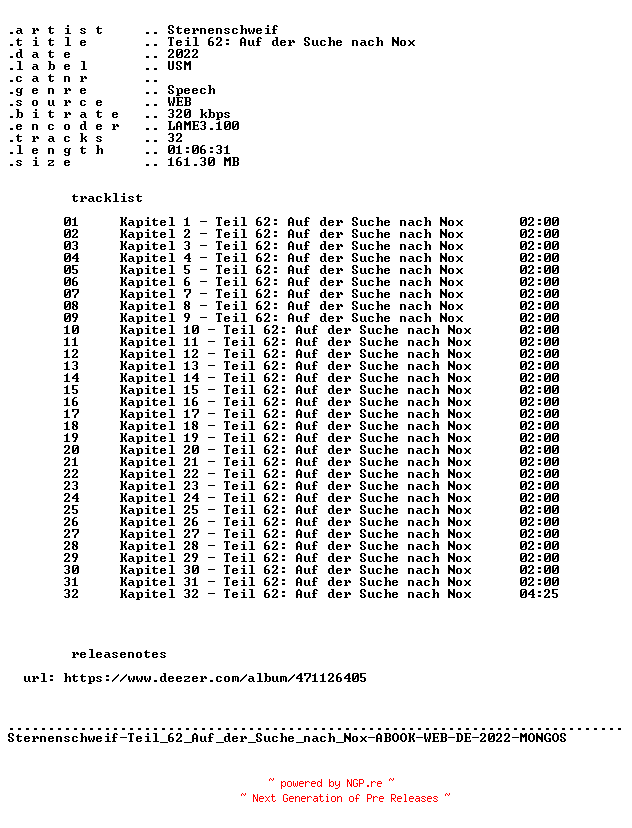 NFO for the release Sternenschweif-Teil_62_Auf_der_Suche_nach_Nox-ABOOK-WEB-DE-2022-MONGOS by MONGOS