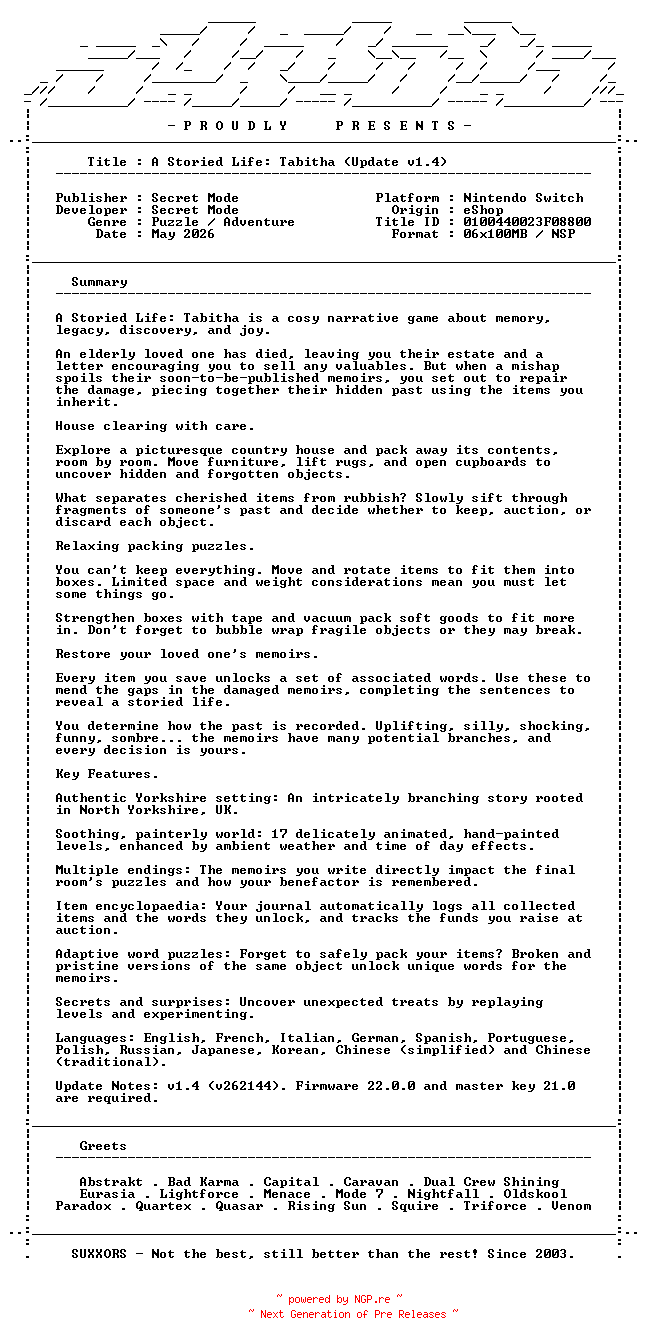 NFO for the release A_Storied_Life_Tabitha_Update_v1.4_NSW-SUXXORS by SUXXORS