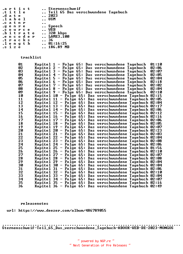 NFO for the release Sternenschweif-Teil_65_Das_verschwundene_Tagebuch-ABOOK-WEB-DE-2023-MONGOS by MONGOS
