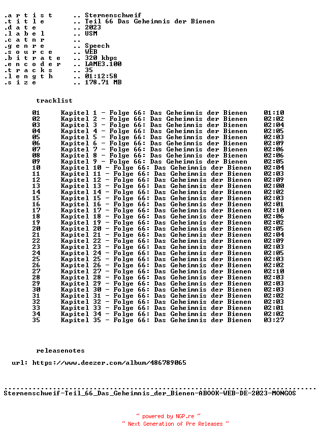 NFO for the release Sternenschweif-Teil_66_Das_Geheimnis_der_Bienen-ABOOK-WEB-DE-2023-MONGOS by MONGOS