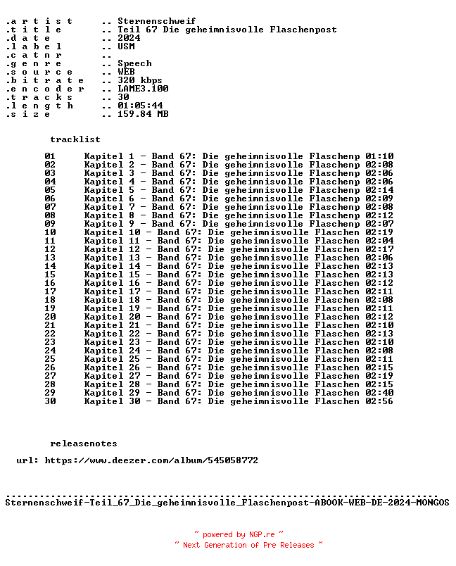 NFO for the release Sternenschweif-Teil_67_Die_geheimnisvolle_Flaschenpost-ABOOK-WEB-DE-2024-MONGOS by MONGOS