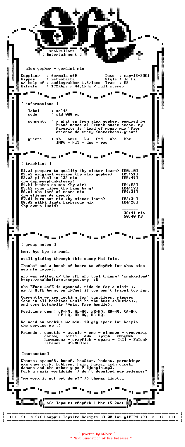 NFO for the release Alex_Gopher-Gordini_Mix-vinyl-1997-sfE by sfE