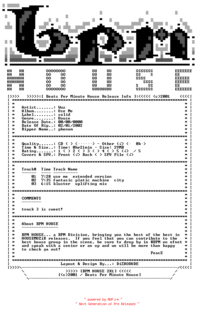 NFO for the release Alex_Gopher_With_Demon_Presents_WUZ-Use_Me-Volume_One-Vinyl-2002-BPM_HOUSE by BPM_HOUSE