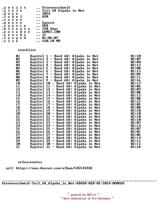 NFO for the release Sternenschweif-Teil_68_Alpaka_in_Not-ABOOK-WEB-DE-2024-MONGOS by MONGOS