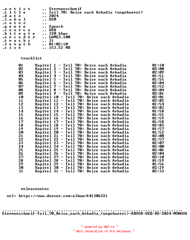 NFO for the release Sternenschweif-Teil_70_Reise_nach_Arkadia_(ungekuerzt)-ABOOK-WEB-DE-2024-MONGOS by MONGOS