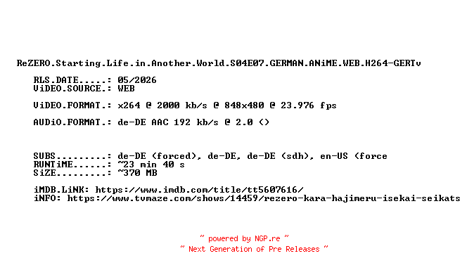 NFO for the release ReZERO.Starting.Life.in.Another.World.S04E07.GERMAN.ANiME.WEB.H264-GERTv by GERTv