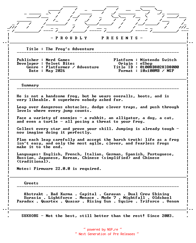 NFO for the release The_Frogs_Adventure_NSW-SUXXORS by SUXXORS
