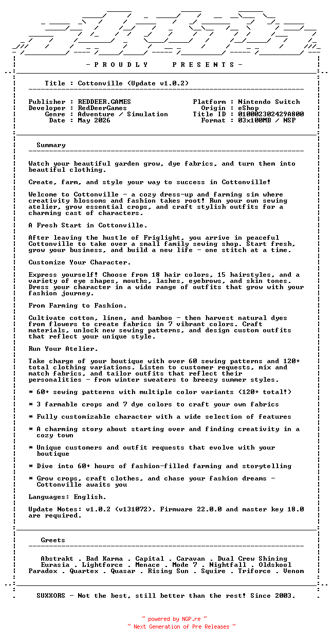 NFO for the release Cottonville_Update_v1.0.2_NSW-SUXXORS by SUXXORS