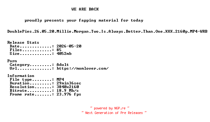 NFO for the release DoublePies.26.05.20.Millie.Morgan.Two.Is.Always.Better.Than.One.XXX.2160p.MP4-WRB by WRB