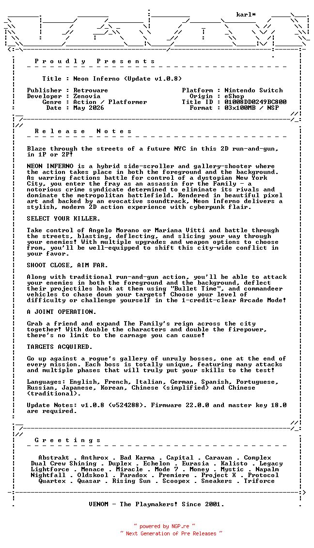NFO for the release Neon_Inferno_Update_v1.0.8_NSW-VENOM by VENOM