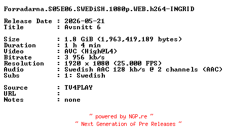 NFO for the release Forradarna.S05E06.SWEDiSH.1080p.WEB.h264-INGRID by INGRID