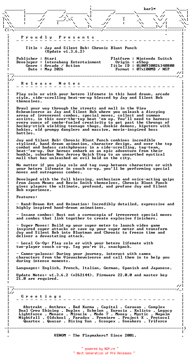 NFO for the release Jay_and_Silent_Bob_Chronic_Blunt_Punch_Update_v1.3.6.2_NSW-VENOM by VENOM