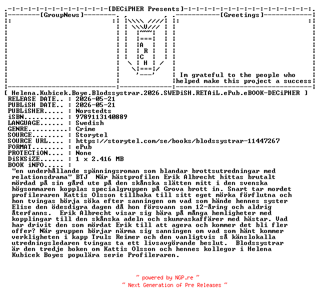 NFO for the release Helena.Kubicek.Boye.Blodssystrar.2026.SWEDiSH.RETAiL.ePub.eBOOK-DECiPHER by DECiPHER