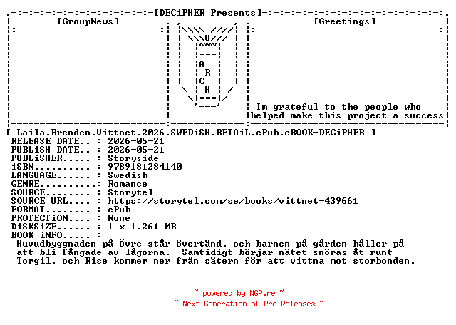 NFO for the release Laila.Brenden.Vittnet.2026.SWEDiSH.RETAiL.ePub.eBOOK-DECiPHER by DECiPHER