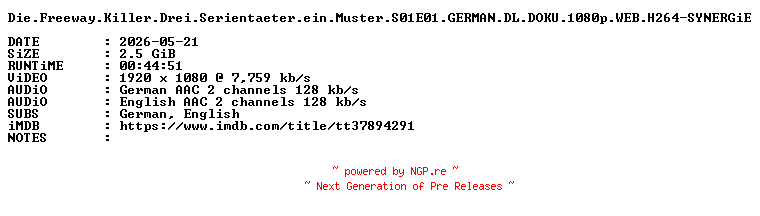 NFO for the release Die.Freeway.Killer.Drei.Serientaeter.ein.Muster.S01E01.GERMAN.DL.DOKU.1080p.WEB.H264-SYNERGiE by SYNERGiE