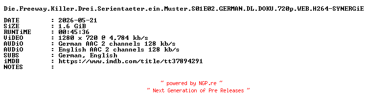 NFO for the release Die.Freeway.Killer.Drei.Serientaeter.ein.Muster.S01E02.GERMAN.DL.DOKU.720p.WEB.H264-SYNERGiE by SYNERGiE